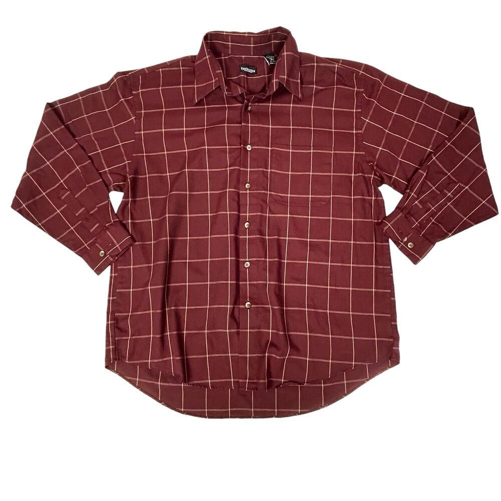 Van Heusen Mens Large Burgandy Plaid Button Up Shirt Long Sleeve 16 - 16.5